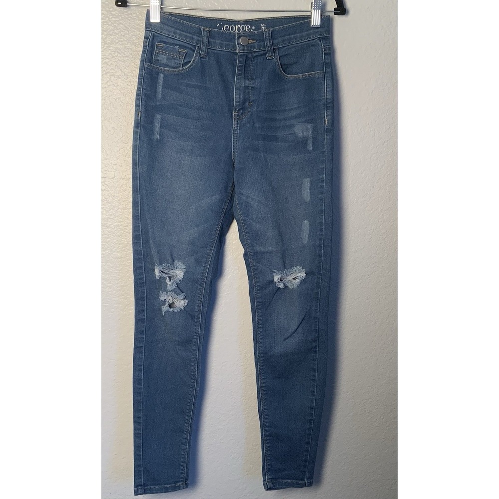 George Womens Distressed Skinny Jeans Juniors 7 Stretch Med Wash Pockets